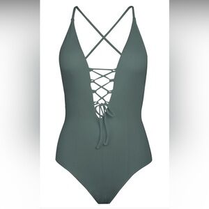CUPSHE Solid Deep V neck One-piece Swimsuit For Women Backless Lace Up Sexy